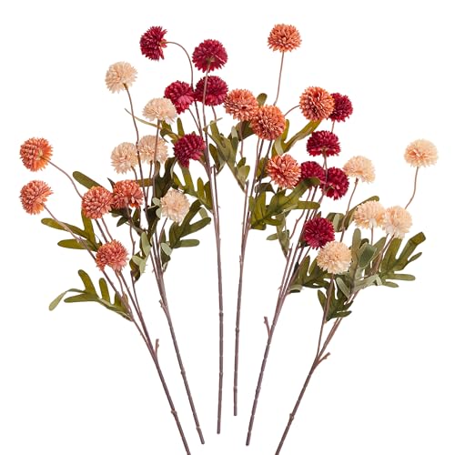 SITUMEIZI Faux Silk Pompon Mum Artificial Burnt Orange Flowers Fake Mini Chrysanthemum Flowers Mums 6Pcs for Home Party Wedding Decorations - color: Red-yellow-orange