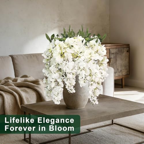 2Pcs Artificial Flowers Faux Silk Flowers Indoor Plants Hanging Wisteria Decoration for Home Indoor Kitchen Table Vase Wedding Party Table Centerpieces Outdoor Decor (White)