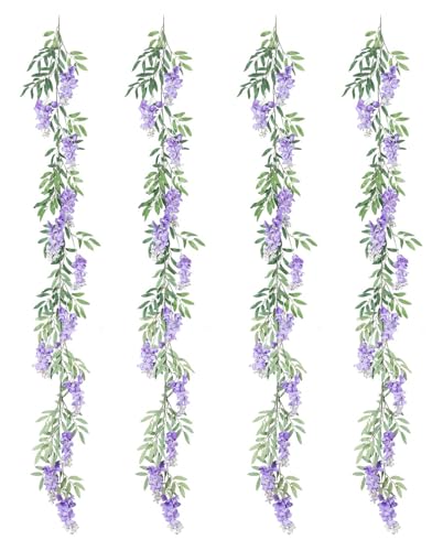Duovlo 4Pcs 6.6Ft/Piece Imitation Silk Wisteria Garland Hanging Flower Vine for Home Outdoor Garden Ceremony Wedding Arch Floral Decor (Light Purple) - color: Light Purple