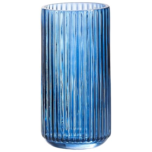 TIMEFOTO 7.5 inch Blue Glass Flower Vase for Pampas Grass, Medium Decorative Centerpiece Ribbed Vase for Dining Table, Office Desktop, Shelf Bookshelf, Mantel, Entryway, Bathroom, Countertop,Gift - color: Blue, size: 7.5 inch