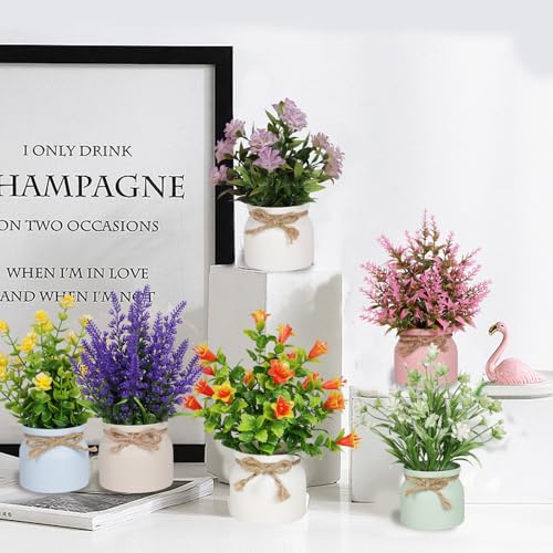 Yoratee 6pcs Artificial Pot Flowers Small Fake Plants Mini Potted Plants for Home Office Tabletop Decoration - color: 6pcs
