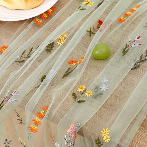 Boao 1 Pcs Wildflower Table Runner Embroidery Tulle Spring Summer Table Runner 120 Inch 10 ft Kitchen Dining Decoration for Wedding Baby Shower Bridal Shower Home Decor Birthday Party (Sage Green) - color: Sage Green, size: Wildflower