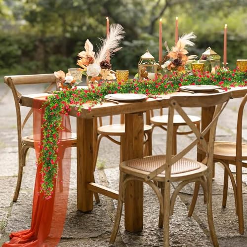 RECUTMS 3 Pack Artificial Spring Eucalyptus Garland Faux Hanging Eucalyptus Plants with Flowers Spring Fake Greenery Vines Garland for Spring Thanksgiving Home Wedding Mantle Wall Decor(Red) - color: Red