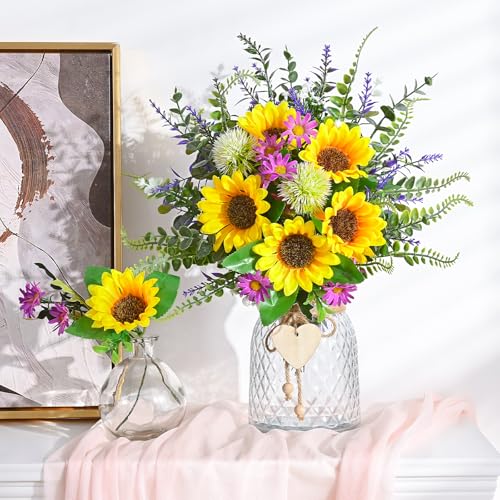 MARTINE MALL Fake Flowers in Vase, Sunflowers Artificial Flowers, Faux Flowers in Vase Centerpiece Table Decorations Silk Sunflower Bouquet Table Centerpieces for Dining Room Coffee Table Decor - color: Yellow Sunflower