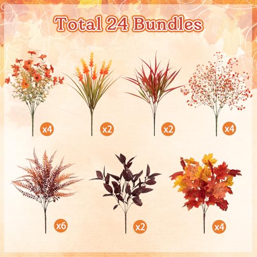 Ouddy Decor 24 Bundles Artificial Fall Flowers for Decorations, Fake Mums Fall Decorations Outdoor UV Resistant Plastic Flowers for Indoor Outside Autumn Thanksgiving Garden Yard Window Box Home Decor - color: Orange Red