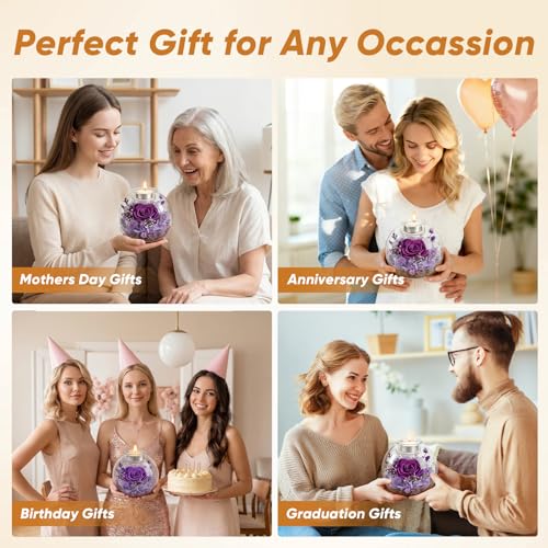 Preserved Real Rose in Glass with Scented Candles for Mom Her Wife Girlfriend Grandma Birthday Anniversary Romantic - color: Zenith Purple