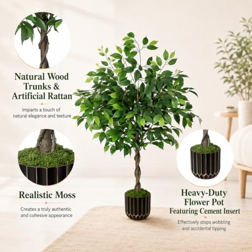 4ft Artificial Ficus Tree with Weighted Base – Faux Silk Floor Plant for Home, Office & Corner Decor - color: Ficus Tree Green