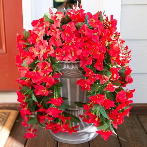 HyeFlora Bougainvillea Artificial Hanging Flowers Plants for Outdoors Decoration, 2pcs Red Fake Flowers Silk Bougainvillea Vines Realistic UV Resistant Faux Flowers for Outside Planters Porch Patio - color: Red
