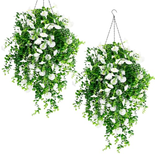 Yinder 2 Set/6pcs Artificial Eucalyptus and Morning Glory Stems, Fake Hanging Flowers for Wedding Home Garden Patio Porch Decor