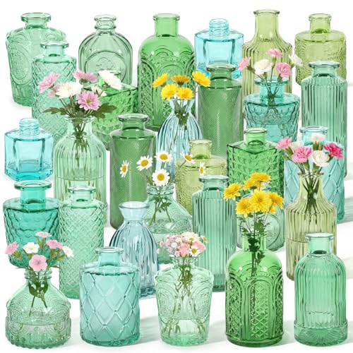 Set of 30 Green Colored Glass Bud Vases - Small Textured Flower Vases for Centerpieces, Wedding Table Decor, Retro Home Decor Bulk Vase Set for DIY, Events & Gifts - color: Green