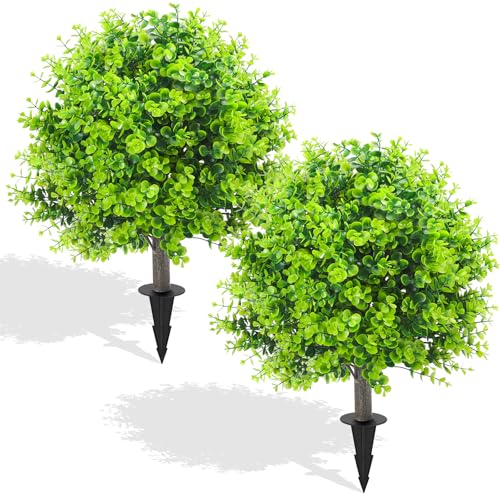 2 Pack 25" Artificial Eucalyptus Topiary Ball Trees for Outdoors, UV Resistant Faux Evergreen Shrubs with Ground Spikes, Fake Bush Ball Plants for Front Porch, Patio, Garden, Indoor Outdoor Home Decor
