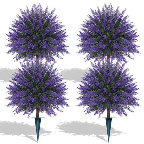 Grooy Artificial Lavender Topiary Ball, Set of 4 Artificial Boxwood Shrub Bushes with Ground Spike, Fake Evergreen Tree for Porch, Artificial Plants for Outdoor Planters Indoor UV Resistant - color: Lavender Ball 4pc