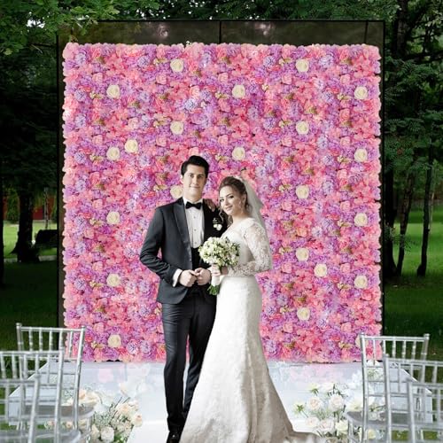3D Flower Wall Backdrop - 12Pcs 15×15 Inch Artificial Rose Panels Pink & Purple Silk Floral Decor for Home Party Wedding Anniversary Birthday Photographic Studio Background & Decorative Fences - color: Pink and Purple, size: 12PCS-15x15
