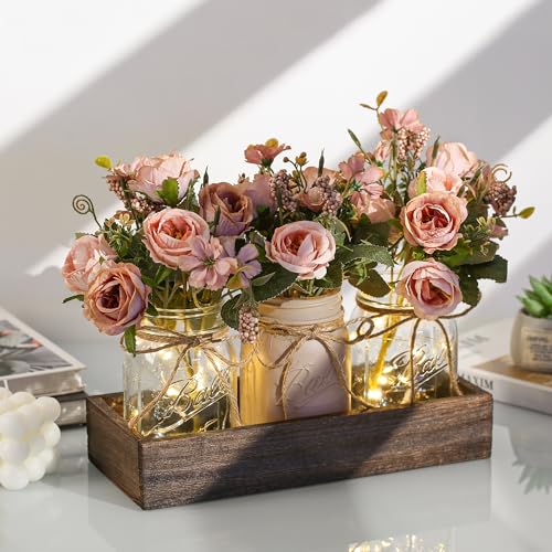 3 Pcs Mason Jar Centerpiece Table Decorations for Dining Table Decor Farmhouse Coffee Table Decor with Wood Tray and Led Light Table Centerpieces for Dining Room Kitchen Living Bathroom,Pink - color: Pink