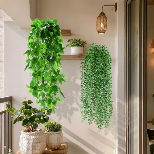 Daifunli Artificial Hanging Plants Fake Hanging Ferns Plastic Fake Plants for Wall Room Garden Garland Indoor Outdoor Decor No Basket (4 Pcs,Boston, Eucalyptus, Ivy Vine, String of Pearls) - style: Boston, Eucalyptus, Ivy Vine, String of Pearls