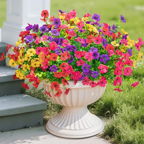 16 Bundles Artificial Fake Flowers Plants for Outdoors Spring Summer Decor,Faux Flowers Plant Silk Daisy UV Resistant for Outside Planters Front Porch Patio Yard Garden Home(Red,Purple,Yellow,Fuchsia) - color: Mix Red Purple Yellow Fuchsia