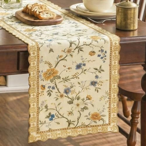 HunnmingRe Chinoiserie Table Runner Light Brown White Floral Table Runner Vintage Chinoiserie Spring Decorative Dinner Dining Decor for Home Cottage Core Party Kitchen Decorations, 12 x 71 Inch - color: Light Brown