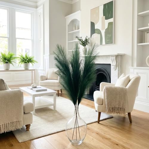 3 x Emerald Green Pampas Grass Stems, Large Feathers Decor Tall for Boho Accent Living Room Bedroom Hallway, Forest Emerald Green House Decor, Plumas para Decoraciones - color: Green