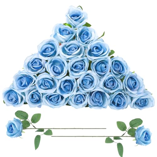 24 Pcs Sky Blue Rose Artificial Flowers with Long Stem Real Touch Silk Roses Bulk for Wedding, Party, Table Centerpieces Bouquet, Bridal, Home Decor - color: Sky Blue