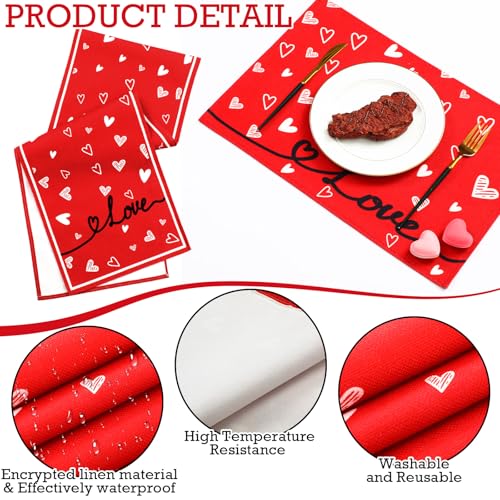VitalCozy 7 Pcs Valentines Day Table Runner and Placemat Set 72 x 13 Inch Red Love Hearts Runner Anniversary Valentines Table Mat for Holiday Kitchen Dining Wedding Decoration - style: Valentine's Day