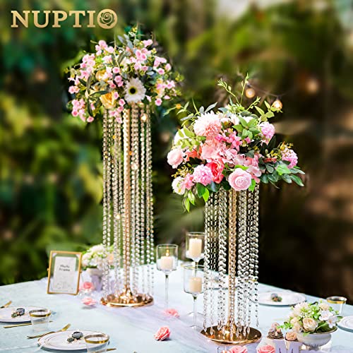 Nuptio Wedding Centerpieces Flower Vases: 10 Pcs 35.4in Tall Crystal Gold Vase Metal Flowers Stand for Party Tables Decorations - Elegant Bulk Weddings Decoration Table Chandelier Centerpiece Stands - color: Gold, size: 10 Pcs 35.4 inch