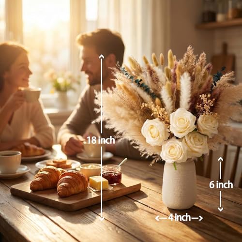 100pcs Dried Pampas Grass with Vase, Includes Artificial Silk Roses, Boho Natural Dried Flowers for Coffee Table Dining Room Home Decor Centerpiece, Farmhouse Rustic Floral Decoration for Living Room