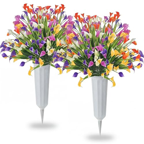 Thiccywoov Artificial Cemetery Flowers with Vase Set of 2 Artificial Calla Lily Bouquet Graveyard Memorial Flowers for Spring Summer Cemetery Headstones Decoration - color: Multicolored, size: Calla Lily