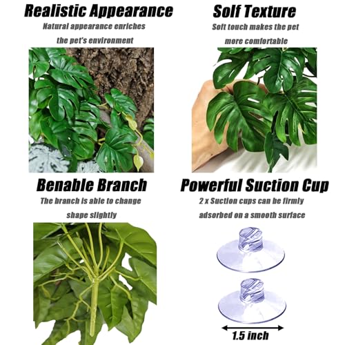 Woyrise Reptile Plants for Terrarium, Artificial Hanging Plants with Suction Cups, Amphibian Tank Habitat Decor Plastic Plant for Bearded Dragons Lizards Snake Geckos Frogs - 2Pack Fake Monstera - color: Monstera
