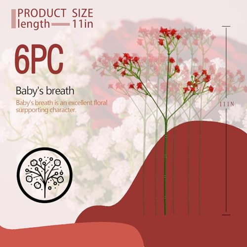 6 Pcs Babys Breath Artificial Flowers, Fake Babys Breath Flowers for Wedding Floral Arrangement Party Decor, Red - color: Red