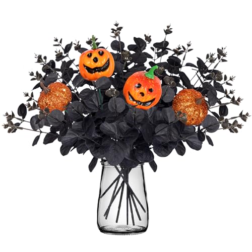 Yen Jean 12PCS Black Halloween Pumpkin Decorations Indoor Artificial Fake Flowers: Eucalyptus Branches Stems Table Centerpieces Decor - style: halloween with pumpkin