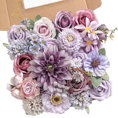 rongflower Purple Artificial Flowers Combo Box Set Silk Flowers Fake Rose for DIY Floral Arrangements Wedding Bouquets Centerpieces Baby Shower Party Home Decorations - color: Lilac