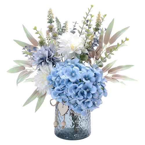 LUEUR Fake Flowers with Vase, Hydrangea Artificial Flowers in Vase Faux Flowers Arrangement Suitable for Home Kitchen Living Room Fall Spring Decor Office Decoration, Centerpiece Table Decorations - color: Blue-hydrangea