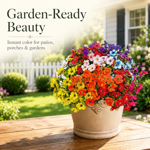 Artificial Flowers for Outdoors UV Resistant, 12 Bundles Realistic Faux Daisy with Eucalyptus Leaves Fake Plants for Porch Patio Planter Garden Decoration (9-Color Mix) - color: 9 Color