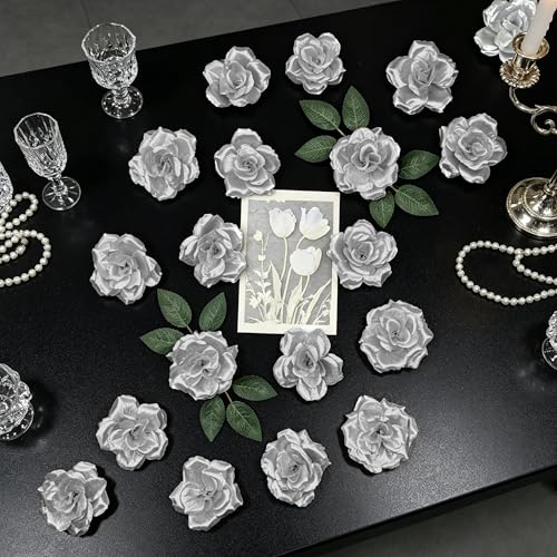 50 Pcs Rose Flower Head, Artificial Flowers Bulk for DIY Crafts, 3in Fake Rose Silk Flower Head wit Stem, Faux Flowers for Decoration, Wedding Home Party Decor Garland Decor (50, Silver) - color: Silver