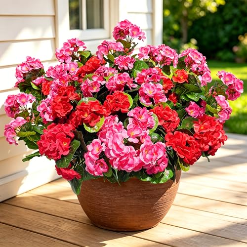 8 Bundles Artificial Geranium Fake Flowers for Outdoor UV Resistant, Outside Spring Red Pink Flower Decoration for Home Kitchen Table Cemetery Garden Planter, Front Door Silk Faux Plants - color: Red+rose Pink, size: 8ps