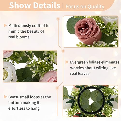 NUPTIO Small Flower Rings for Centerpieces: 9.05 Inch Dusty Rose & White Candle Rose Wreath for Wedding Party Christmas Decorations - Spring Summer Front Door Porch Decor 2 Pcs - color: Dusty Rose & White, size: Dia 9.05"-2pcs