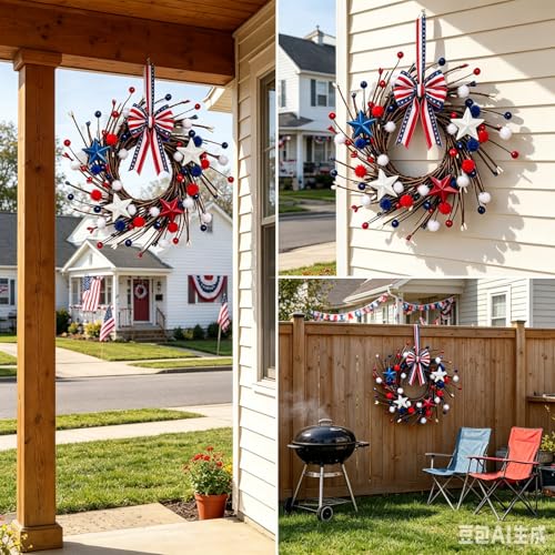 6 Pcs Mini 4th of July Hanging Wreaths for Cabinets with Berries Pom Poms Balls Artificial Small Independence Day Pillar Candle Rings Wreath for Home Kitchen Front Door Window Porch Wall Decor - color: Patriotic-14