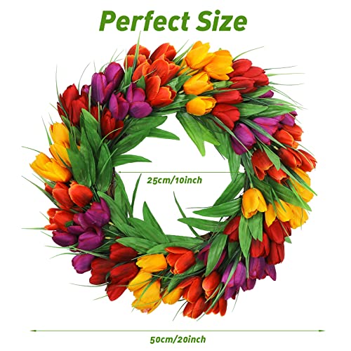 U'Artlines 20 Inch Tulip Wreath for Front Door, Spring Summer Silk Wreath with Green Leaves Artificial Tulip Flower Wreaths for All Seasons Window Wall Wedding Valentines Day Decor - color: Red Yellow Purple, size: 20 Inch