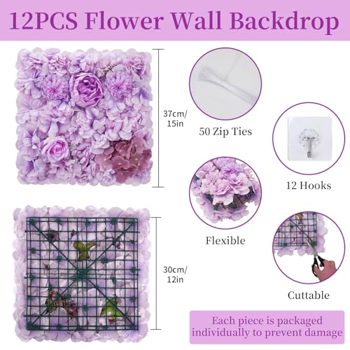 Zythrem Purple Flower Wall Backdrop 12-Pack Rose Wall Panels 15×15 Inch Silk Flower Wedding Backdrop 3D Artificial Floral Backdrop for Birthday Party Home Event Photography Background - color: Purple
