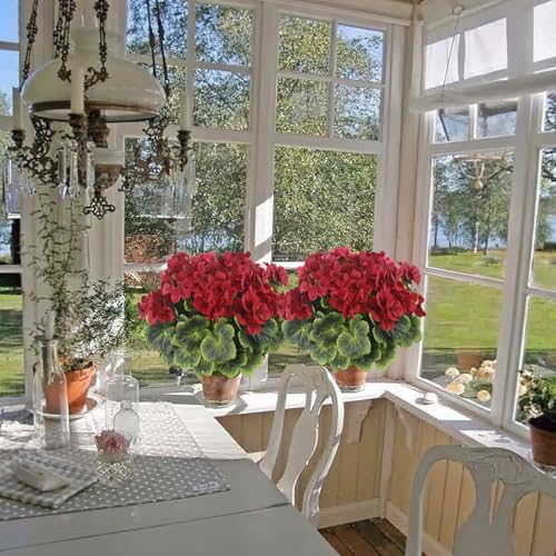 2 Pcs Artificial Geraniums for Outdoor Silk Geranium Flowers Red Artificial Geranium Bush Faux Flowers Geraniums Branch for Garden Patio Grave Cemetary Vase Table Centerpiece Indoor Decor - color: Red