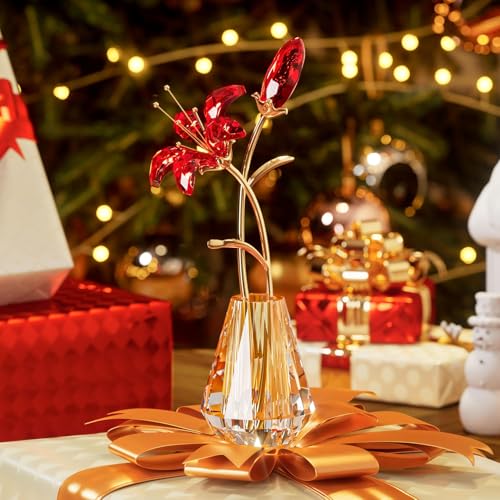YWHL Crystal Lily Flower Figurine with Vase, Handmade Red Lily Flower Gifts for Woman, Wedding Gifts for Couple, Home Party Decorations - color: Red