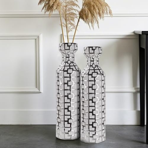 24.4 inch Tall Floor Vases Set of 2. White Vase with Silver Geometric Patterns, Ceramics Modern Flower Vases for Living Room, Entryway, Indoor/Outdoor Decor, Large Vase for Home Decor - color: White With Silver Set of 2