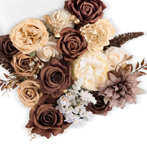 TINGE TIME Silk Fake Flowers Combo, Fake Foam Roses with Stems for DIY Wedding Bouquets Centerpieces Baby Shower Party Home Decorations(Brown & Nude Color) - color: Brown & Nude Color