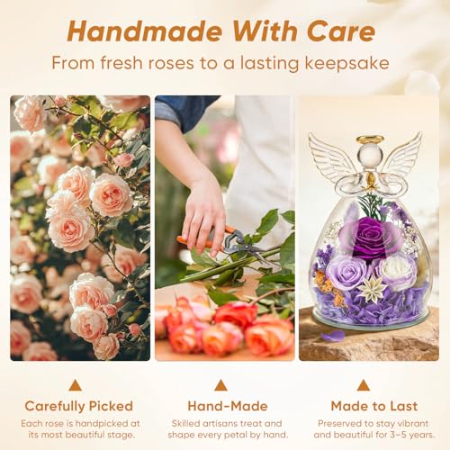 Preserved Rose in Glass Angel Figurine, for Mom/Wife/Grandma, Forever Flowers Rose Anniversary, Graduation or Birthday Gifts for Women Her - color: Purple