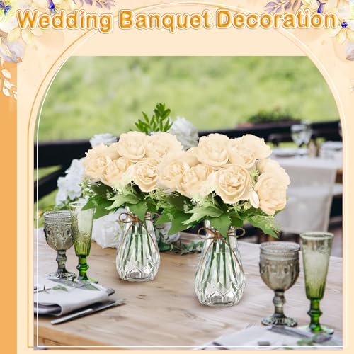 Zeyune 37 Pack Artificial Peonies Flowers with Bud Vase Bulk 24 Bundles Silk Peonies Bouquets 12 Plastic Clear Vase with 1 Rope Fake Flowers for Table Centerpiece Vases(Champagne,Round Head) - color: Champagne, style: Round Head