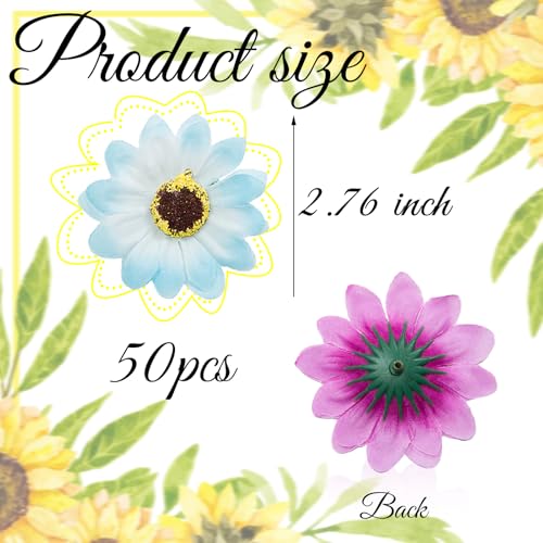 50 Pcs Faux Sunflower Heads for Craft, 2.76 Inch Artificial Sunflower Flower Heads, Light Blue Flowers Silk Sunflower Bulk for Home Wedding, Clothing Accessories, Hair Decoration - color: Light Blue