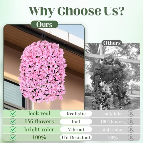 2 Pcs UV Resistant Artificial Flowers for Outdoors, Realistic Faux Silk Bougainvillea Flowers, Fake Hanging Plants for Porch Patio Balcony Decoration (Pink) - color: Pink, size: 2 Pcs