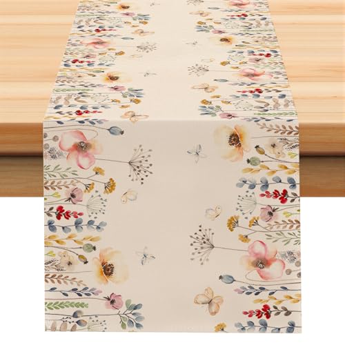Larponder Summer Colorful Flowers Table Runner, 13x108 Inch | Table Decoration for Seasonal Anniversary Holiday Kitchen Dinning Table Home Party Decor - color: Color Flowers-4, size: 13" x 108" (Rectangular)