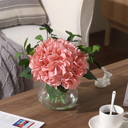 Hydrangea Artificial Flowers in Vase, Silk Faux Hydrangea Fake Flower Arrangements with Glass Vase and Faux Water for Home Decor Wedding Bouquets Table Centerpieces, Light Coffee, Set of 7 - color: Hydrangea Stems With Faux Water, size: Pink