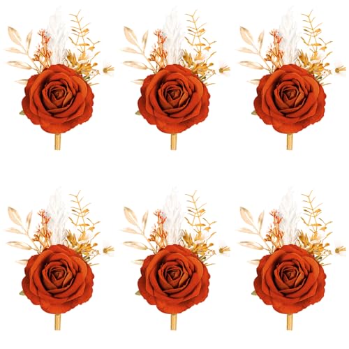Burnt Orange Velvet Rose Boutonniere for Men,Set of 6,Groom and Best Man Boutonnieres with Artificial Flower,for Wedding Ceremony Anniversary, Dinner Party, Fall Vintage Rustic Marriage Prom - color: 6pcs Orange Boutonnieres